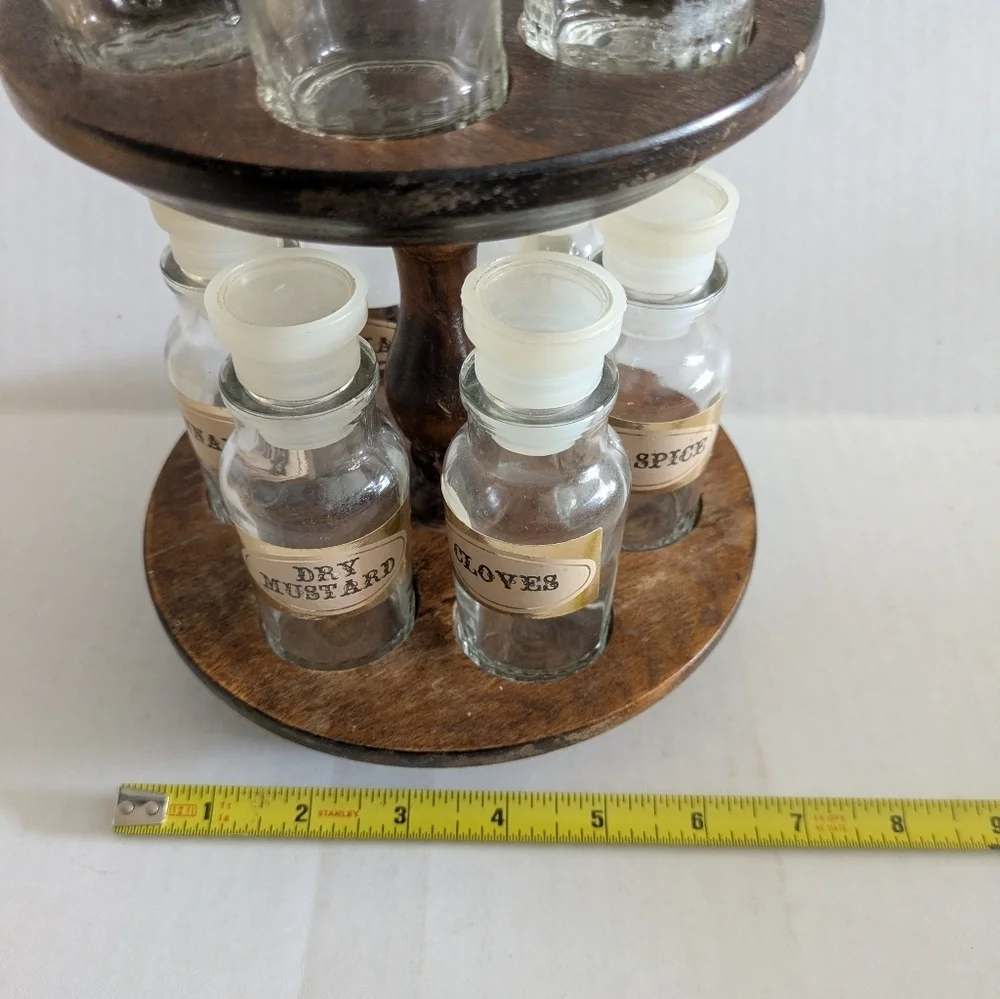 Vintage Glass Spice Jars Bottles Set of 12.Apothecary Jars With Wood Lazy Susan
